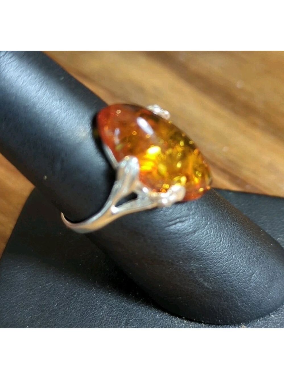 925 Sterling Silver Amber Ring Size 7.5 Natural Stone - Picture 6 of 8